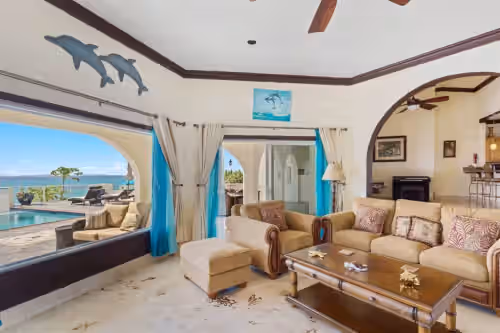 Bedroom 1, 2 & 3 - Living Room View - Dolphin at Villa Anguillitta Entire 7BD Villa w/ Private Beach Access, Sauna, Gym, &