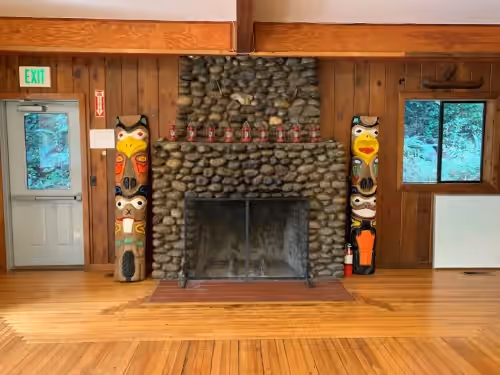 Main Lodge Fireplace (wood provided) at Rent a Private 133 acre Camp Complete with Bunk House, Main Lodge and Camping