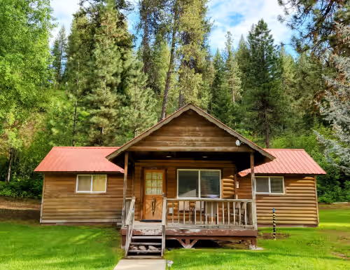 Exterior at Comfortable Riverside Retreat on 4 acres in secluded Lowman Idaho. Sleeps 45