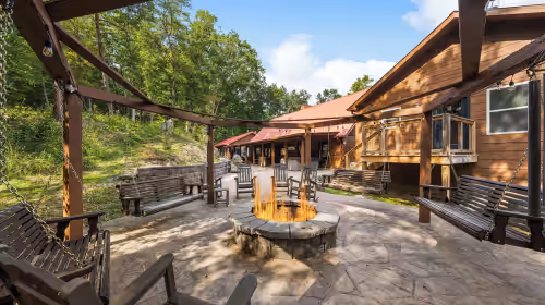 Terrace/patio at Unforgettable Mountain Luxury, Indoor Pool, Theater, Arcade, Firepit, 30 Ppl