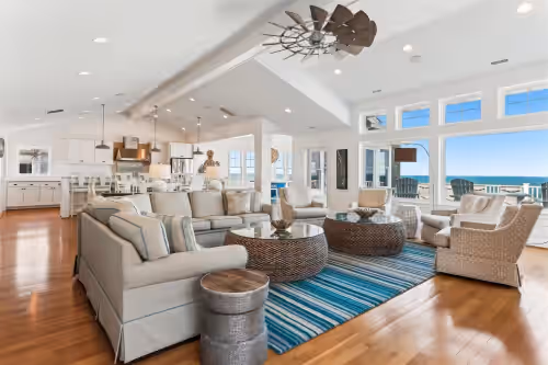 ,Living Room, at Knot Home -- 16BR OF in Corolla with Pool, Elevator, Theater, Game Room and More