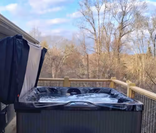 Hot tub seats 8 comfortably at Cardinal · Asheville Getaway Entertainment Galore 5k+ sq ft