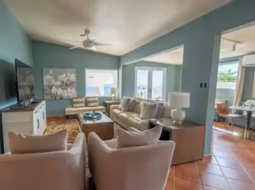 Living area at Luxurious Oceanfront Villa + Pool l Casa Blanca