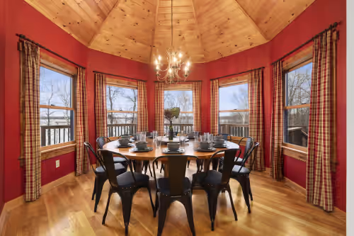 Dining at Private Retreat on 33 Acres with 1400 ft Lakeshore