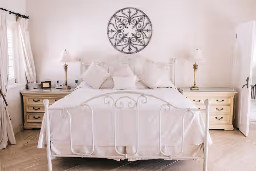 Super Kingsize bed in the Master suite on the upper floor at Very Spacious, Private, Open Plan Retreat. Pool And Stunning