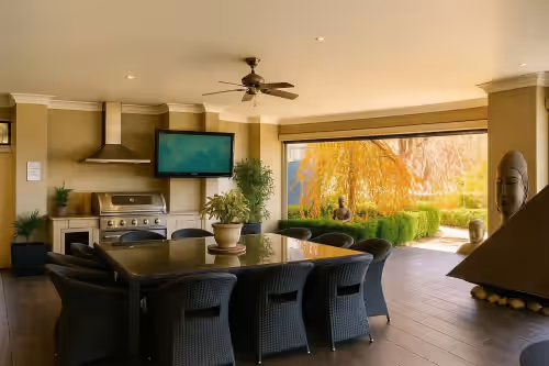 Dining at Epic Retreat with Pool, Sauna, Cinema, Firepit & More