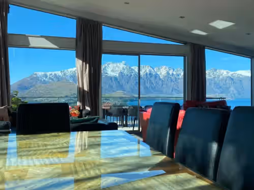 The Remarkables as seen through the lounge at 7Manata