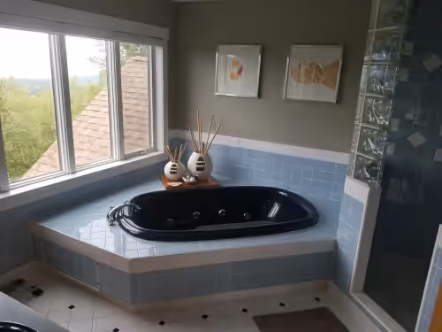 Master bathroom at TOP OF THE WORLD over Stowe, Hot Tub, with Tesla plug. Sleeps up to 17