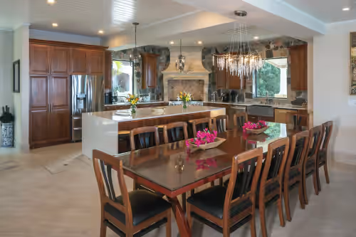 Custom mahogany dining table for 12! & 6 more at massive kitchen Island. at Utopia Villa