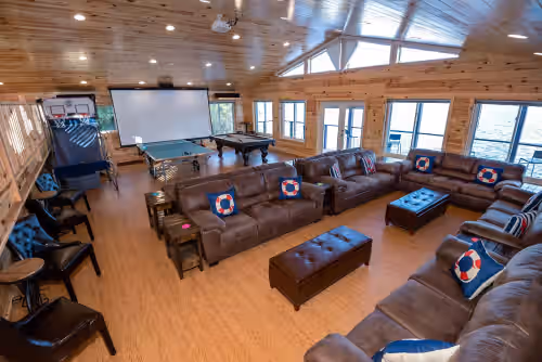 12-foot HD projector TV screen, Klipsch Surround Sound...great audio-video! at Accessible Blue Spruce Lodge: 340 ft of Lake