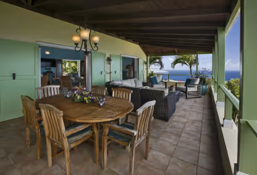 Great House Patio with Outdoor Dining and Cmfortable Lounging, Overlooking BVI at Magens Hideaway ~ 5BR w/ Heated Pool •
